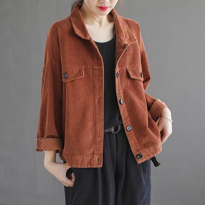 Corduroy Short Jacket Women In Spring Autumn, Solid Color, Lapel, New Loose, Small, Casual Striped Top