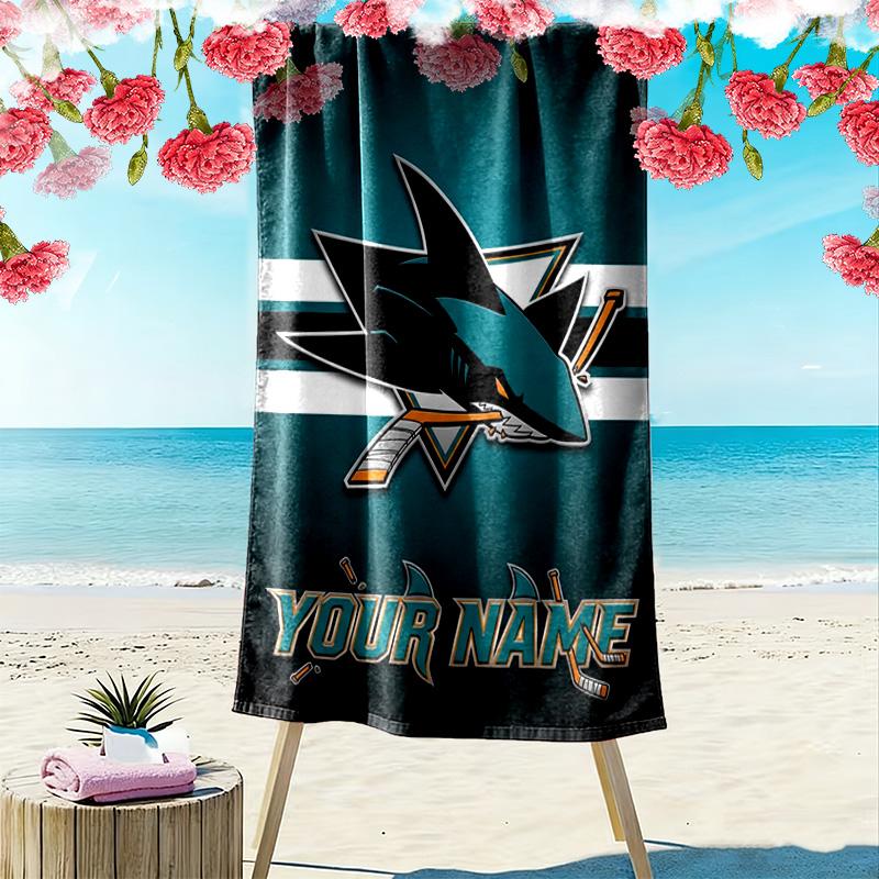 Name Custom San Jose Sharks Print Beach Towel, Large Soft Quick Dry Towel for Beach Camping Swimming