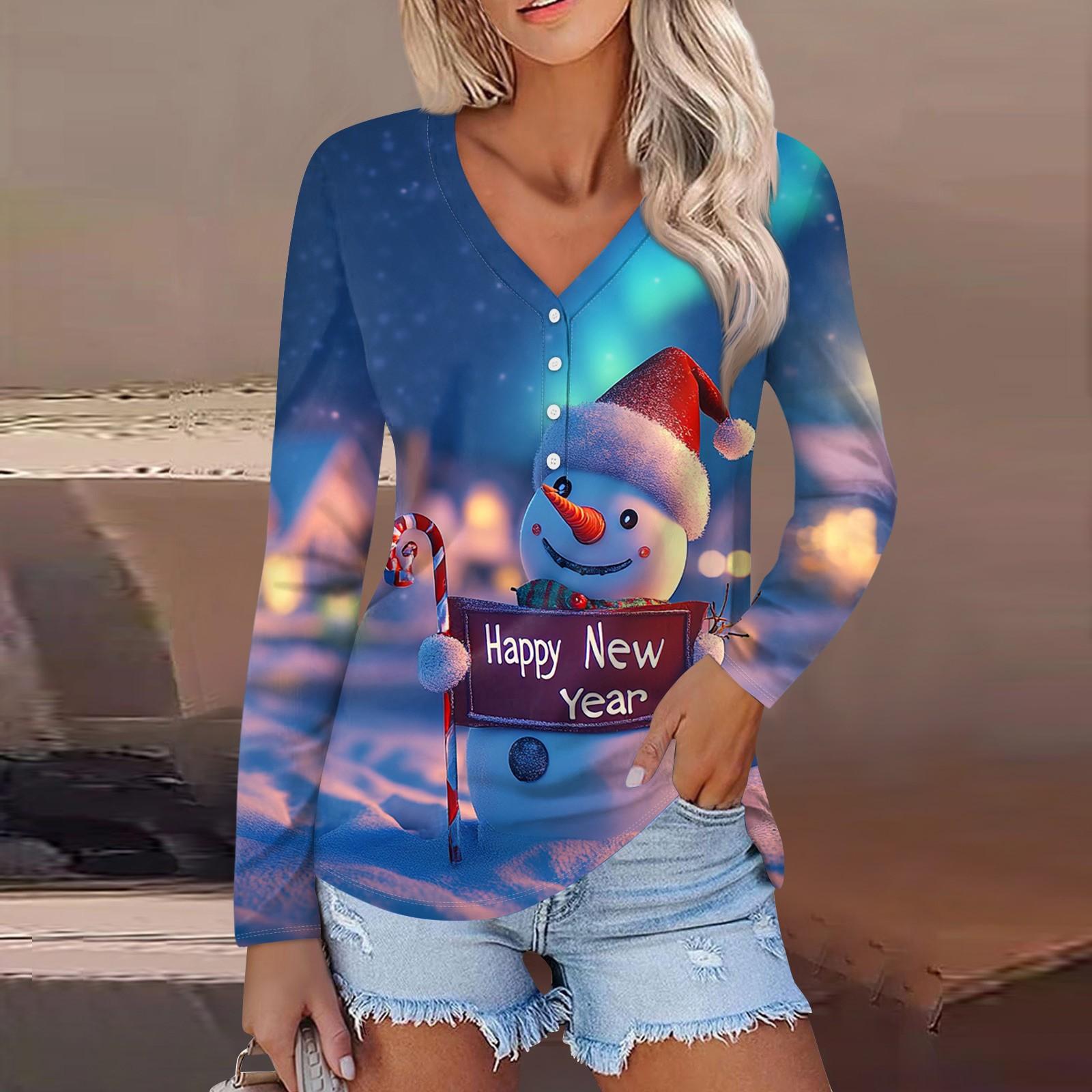 

Женская повседневная мода сексуальный комфорт рождественский принт V-образный вырез пуговицы длинный рукав L чёрный