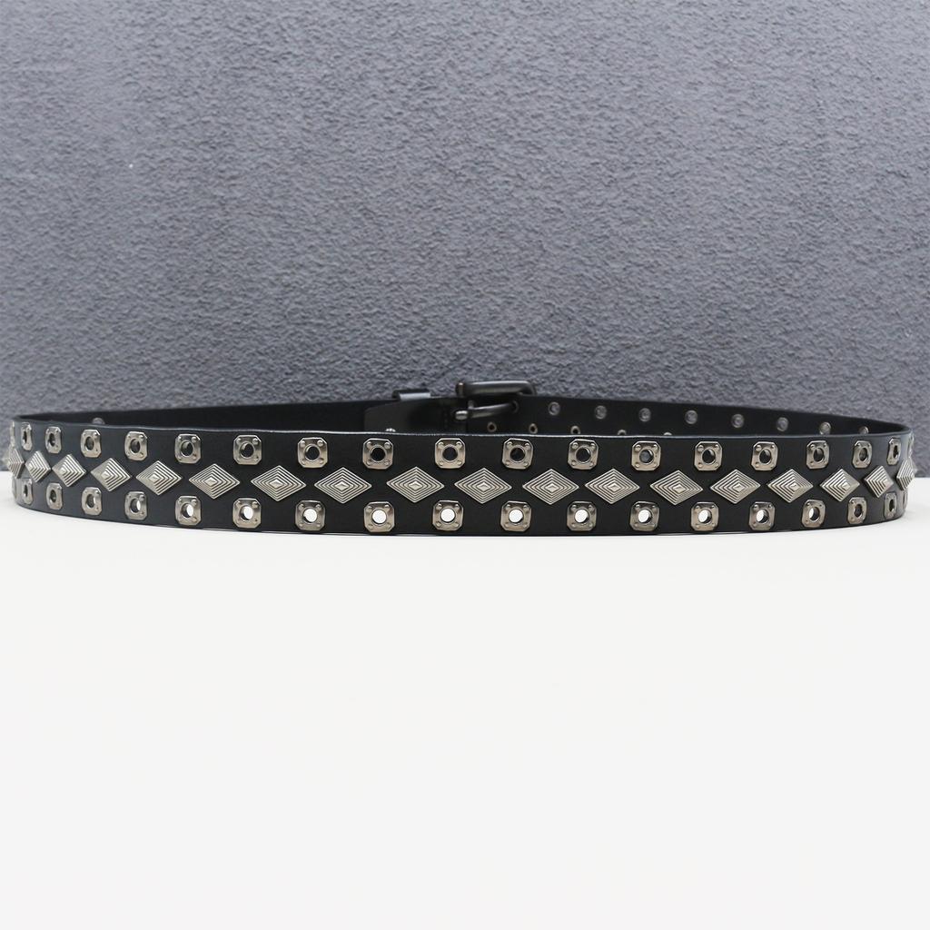 Double Needle Heavy Rivet Belt Genuine Leather Cowhide Whole Hole Belt Diamond Nail Hollow Eye Thorn Accessories American Style