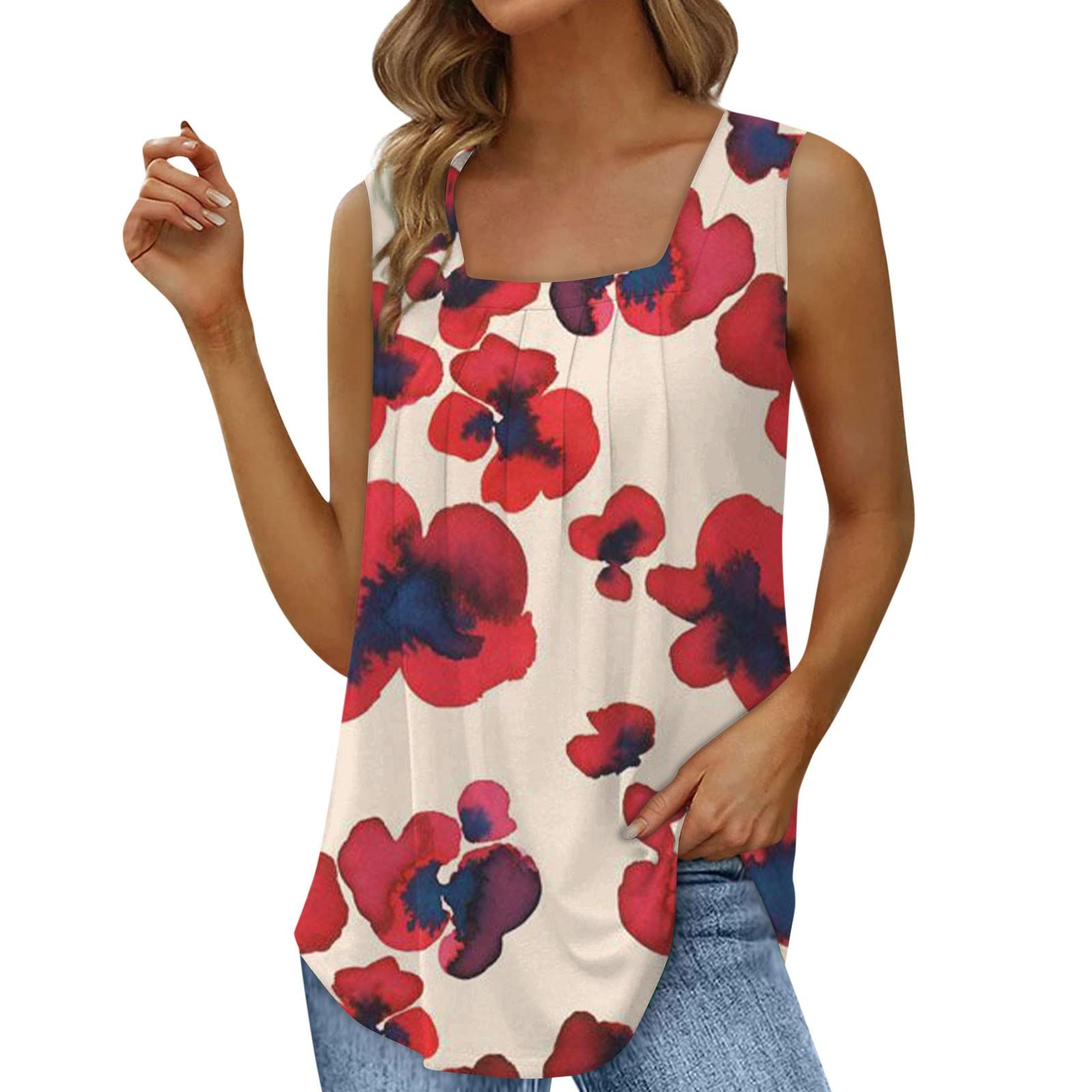 

(SU)Женская модная повседневная майка без рукавов с квадратным вырезом и цветочным принтом
