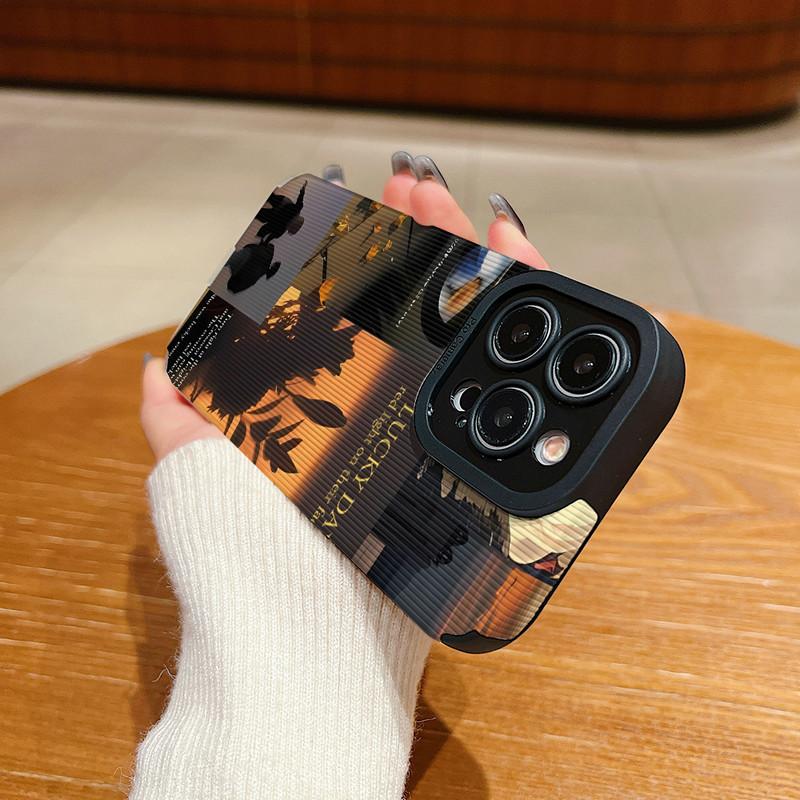 Vertical Grain Leather Shell Lucky Day Printed Patterned Shockproof Soft Silicone Case with Camera Lens Full Protection for iPhone