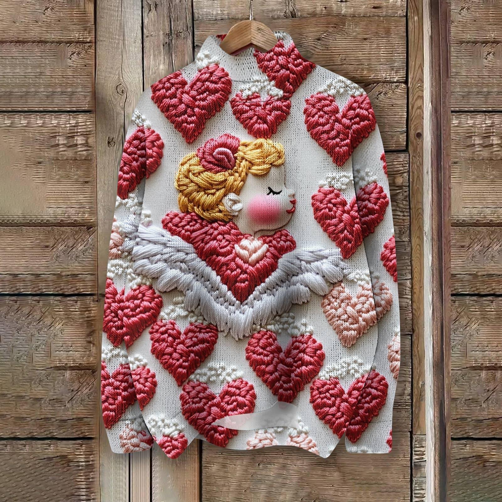 

Женская мода, повседневная водолазка с круглым вырезом и длинными рукавами, с принтом ко Дню святого Валентина, трикотажный топ M киноварь