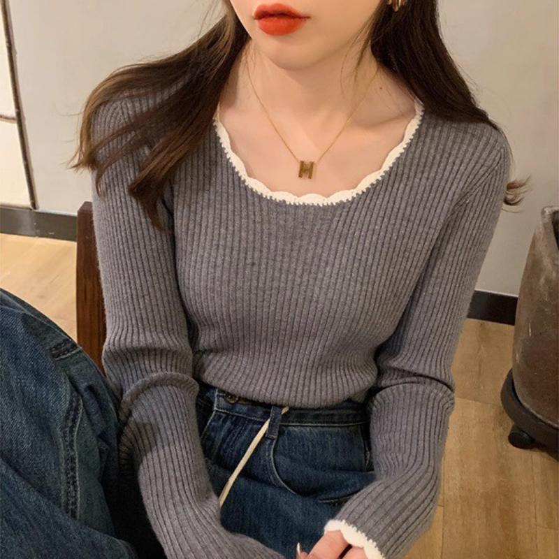 Ladies Autumn Winter Long Sleeve U Collar Color Matching Basic Pullover Knitted T Shirt Top