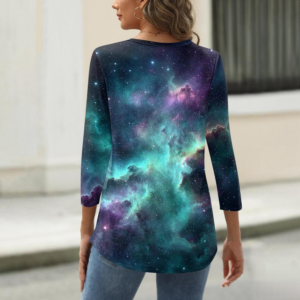 Camiseta de mujer con estampado de manga 3/4, básica, cuello redondo, para uso diario y fin de semana.