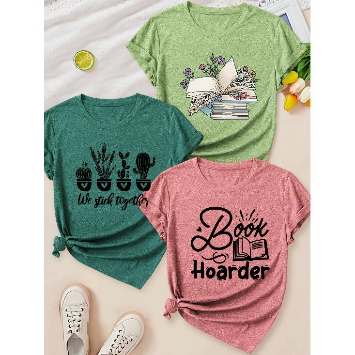 Cactus Print Round Neck Short Sleeve T Shirt Elegant Women Clothing Three Seasons Fashion Gift Set S