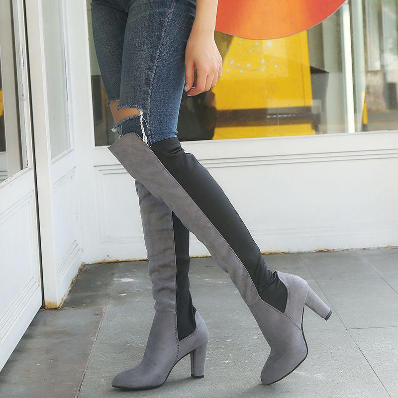 Elegant Women Boots Over Knee High Heel Stylish Winter Autumn Slip-on Lace-up Shoes
