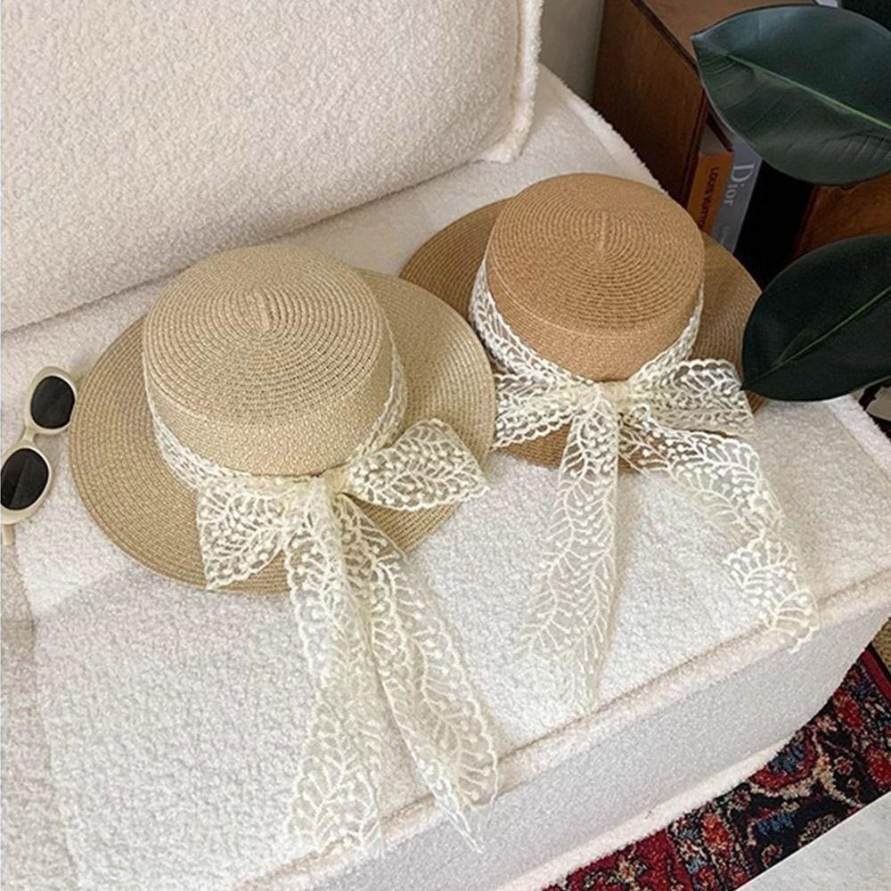 Spring Summer Bow Ribbon Straw Hat French Style Flat Top Sun Hat New Bow Lace Straw Hat  for Lady