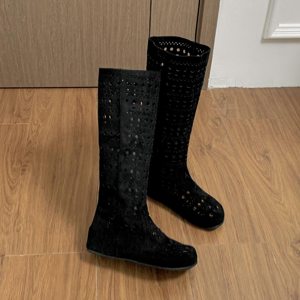 White retro inner heightening hollow flat-soled boots women's 2025 new autumn thin Maillard long shoes