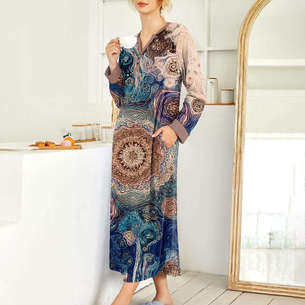 Damska koszula nocna długa odzież wypoczynkowa dekolt V sukienka nocna z kieszeniami