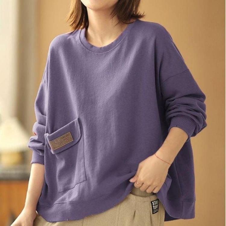Trendy Y2K Autumn Women Oversize Casual Cotton Sweatshirt Streetwear Solid Pocket Long Sleeve O Neck Female