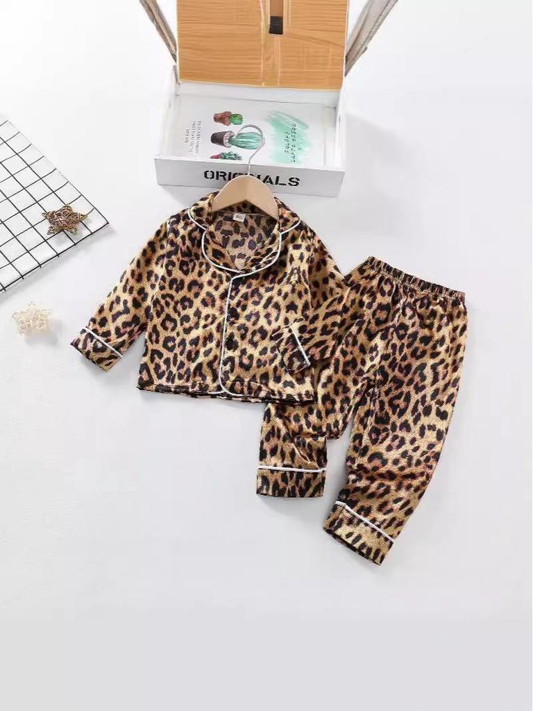 Leopard Print Silk Pajama Set - Long Sleeve for Children (Spring to Autumn)