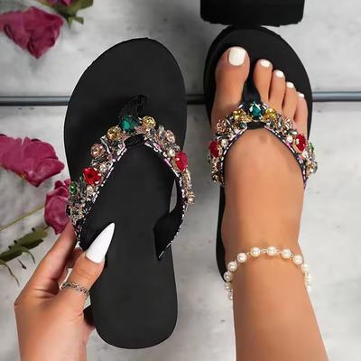 Sandalias de plataforma con cristales bohemios para mujer, zapatos planos suaves y cómodos de verano, antideslizantes