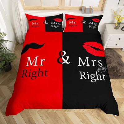 Herr Frau Bettbezug Set Lustig Schwarz Rot Kreativ Einzelbettwäsche Set Mikrofaser Liebe Mann Schnurrbart Frau Lippe Romantik Bettdeckenbezug