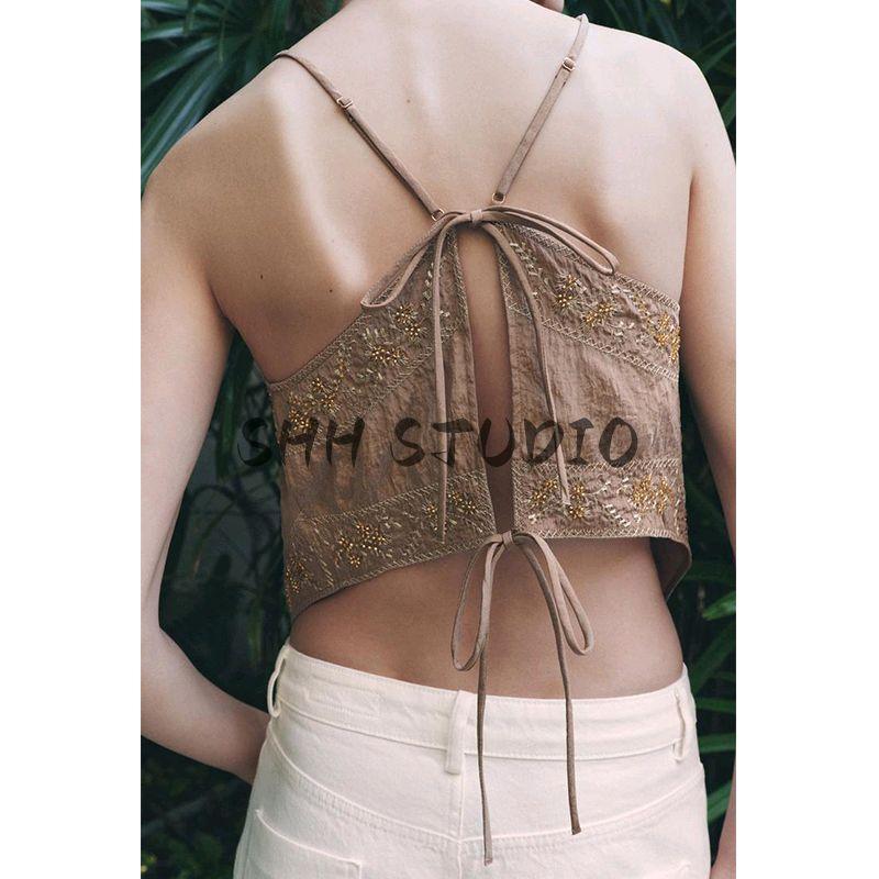 Spring and Summer New Women's Clothing Camisole V Neck Sleeveless Contrast Color Beaded Embroider Tops 4786001