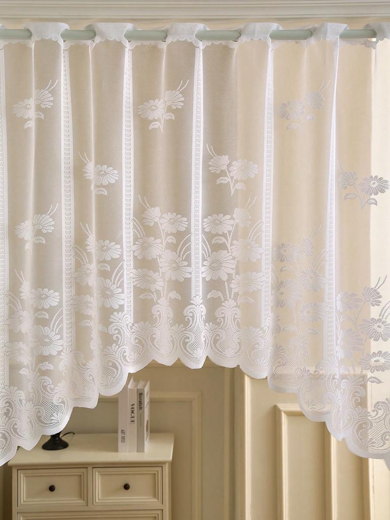 White Lace Semi Sheer Curtain Kitchen Tiers Half Window Sheer Curtains Rod Pocket Voile Drapes for Kitchen Ba