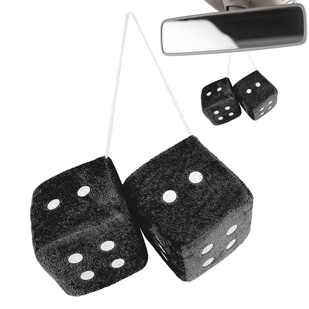 Fluffy Plush Dice for Car Mirror - Retro Square Miller - Pair of Hanging