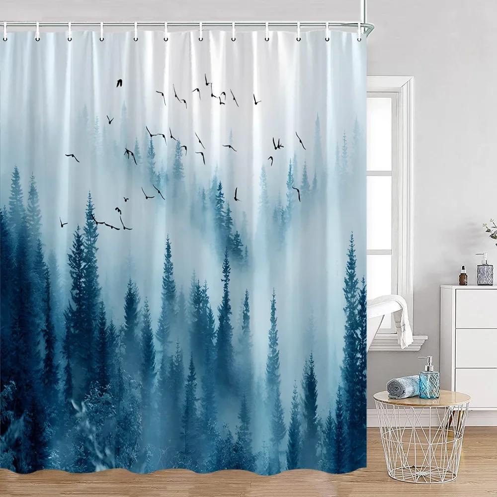 Mist Forest Shower Curtain Snow-capped Pines Nature Landscape Simple Bathroom Decorative Modern Polyester Shower Curtain