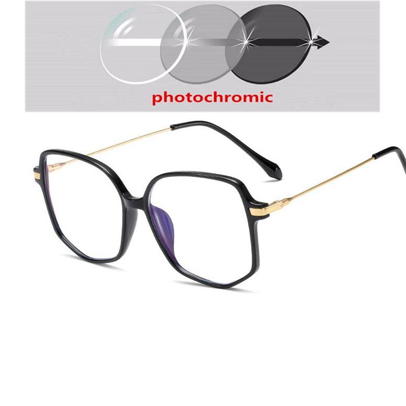 Oversized Polygon Myopia Glasses Women Transparent Green Frame Photochromic Diopter 0 To -6.0 Prescription