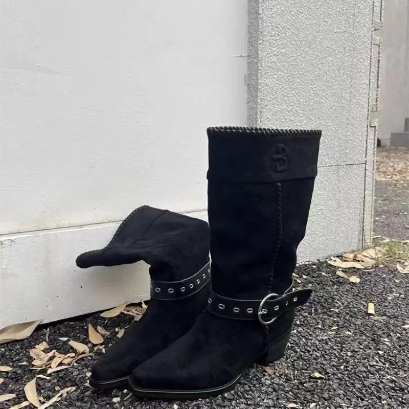 Long Tube Block Heel Pointed Toe Western Short Dumping Boots Women's 2025 New Mid-Tube Knight Boots