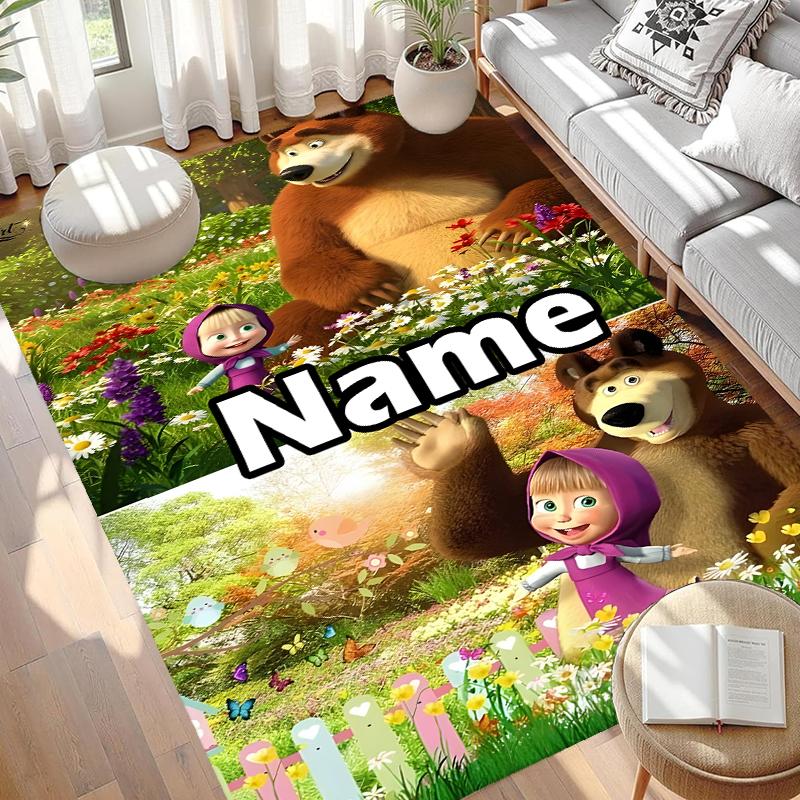 Custom Name Personalized Masha and The Bear Print Carpet, Versatile Home Decor Rug, for Playroom, Apartment, Balcony, Entryway, Hallway Gift