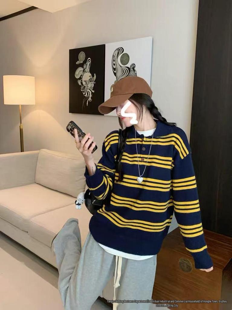2025 Autumn/Winter Korean Color Block Stripe Polo Neck Knit Sweater - Casual, Versatile, and Loose Fit