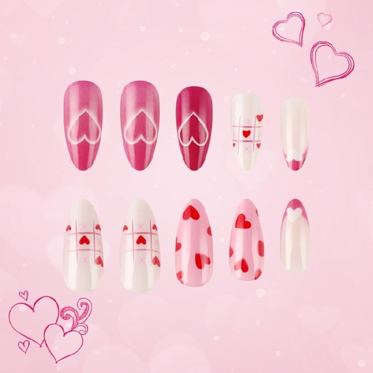24 Pcs Pink Heart Artificial Nail Valentines Day False Nail Lovely Stick on Nail French Press On Nail for Holiday
