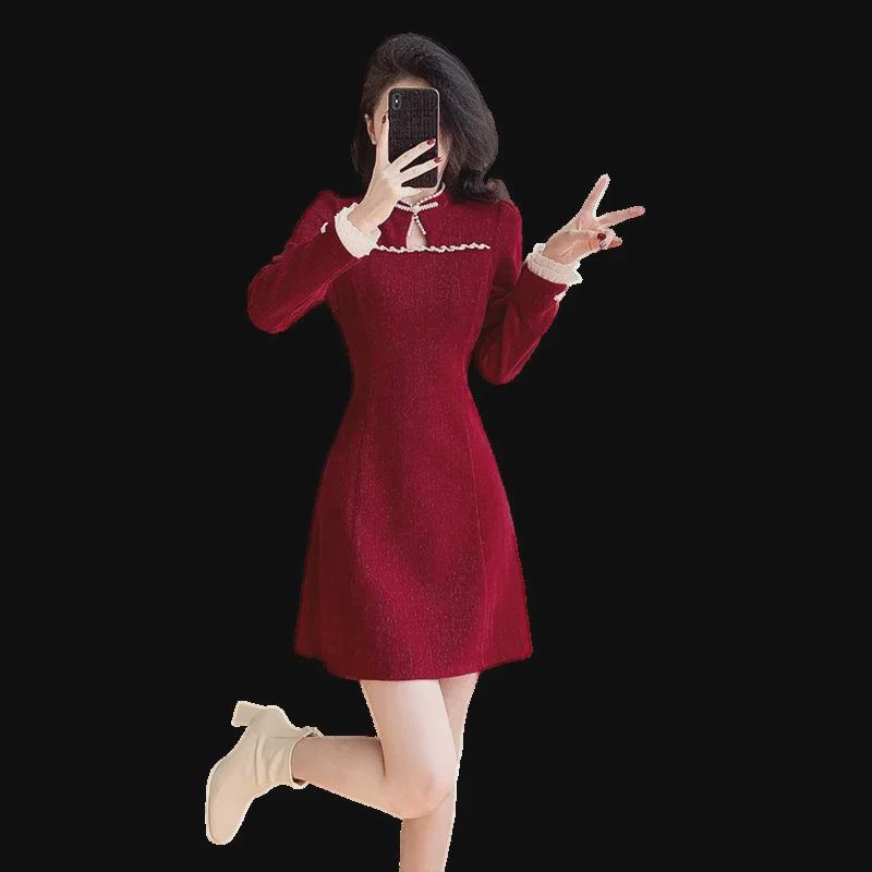 2025 Modern Chinese Style Cheongsam Dress with Corduroy and Pearl Buttons