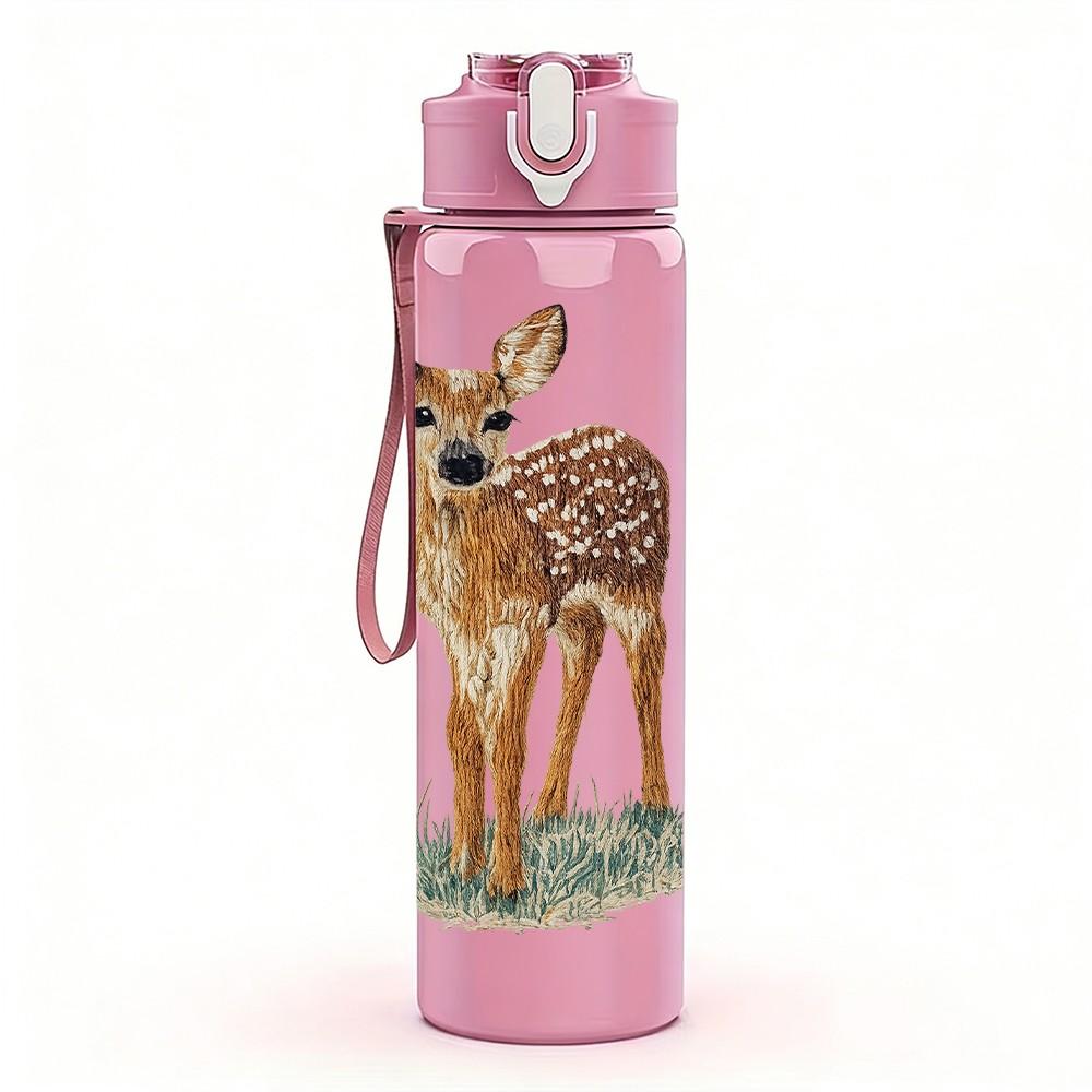 1PC Baby Deer Fawn Forest Animal Print 750ml Color Plastic Sports Water Bottle Leakproof Flip Straw Lid Suitable for Sports Office Home Use
