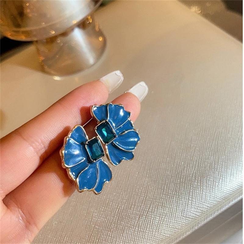 New Blue Glaze Flower Women's Stud Earrings Crystal Square Geometry Female Earrings Bohemian Wedding Ear Accessories
