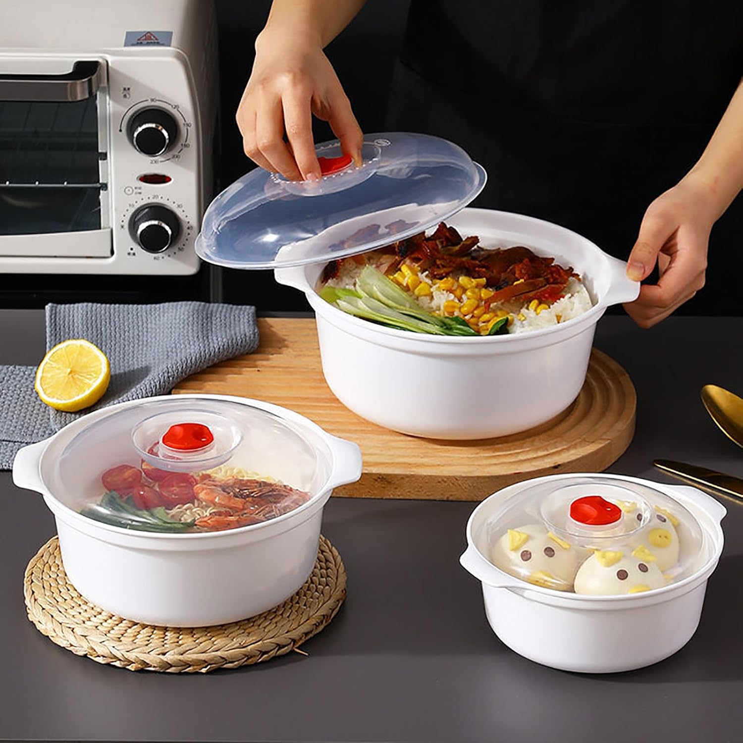 3 Piece Microwave Bowls with Lids Microwave Safe Bowls Microwaveable Dishes for Heating Food, Dorm Kitchen Essentials, Cookware Kitchen Supplies, BPA