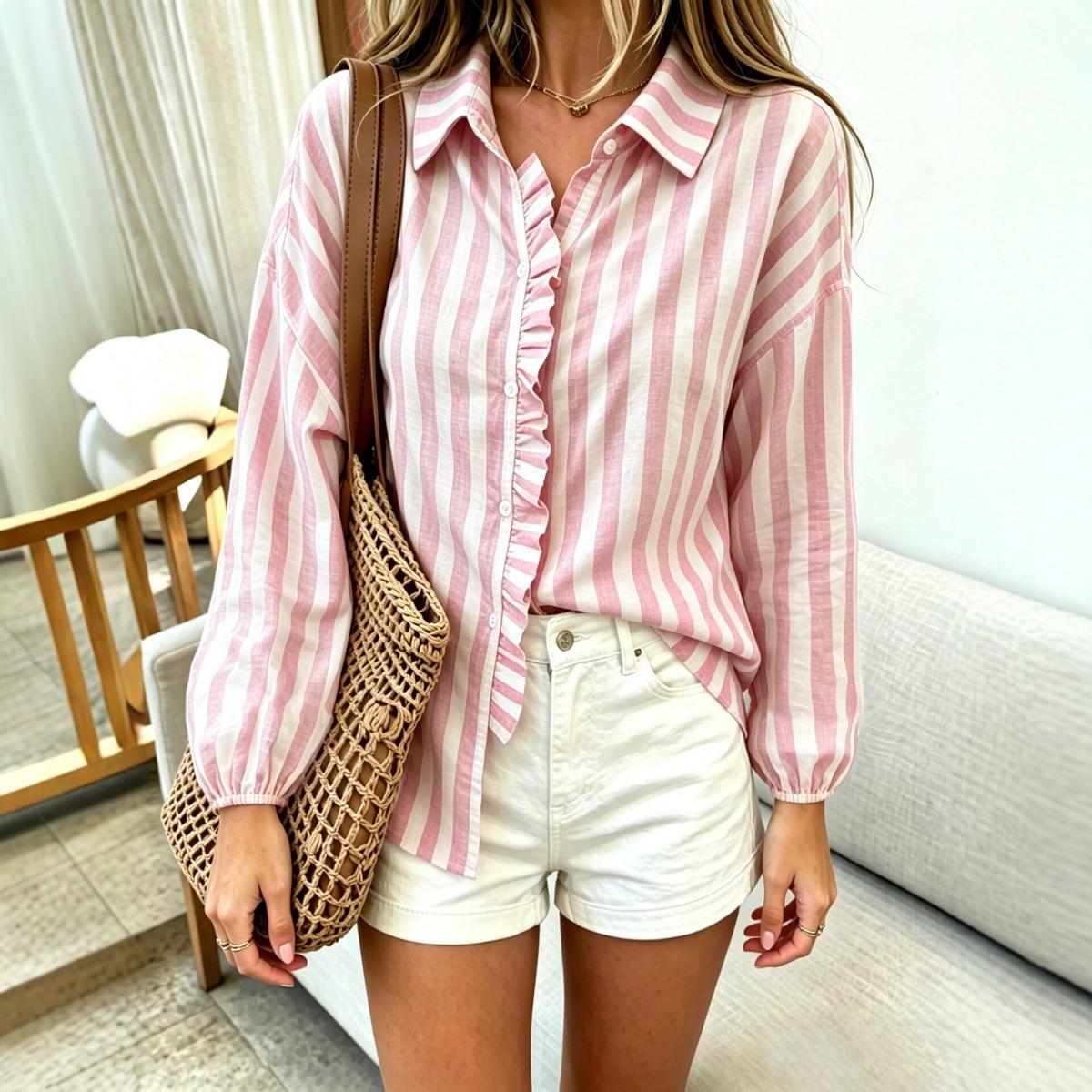 Women s Ruffled Trim Striped Shirt Loose Slim Fit Casual Blouse Top S розовый