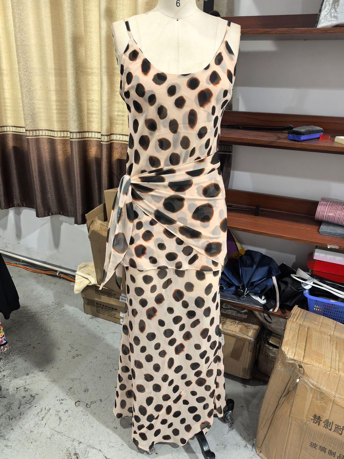 Women Spaghetti Strap Maxi Dress Leopard Print Side Knot High Slit Bodycon Vacation Dress S