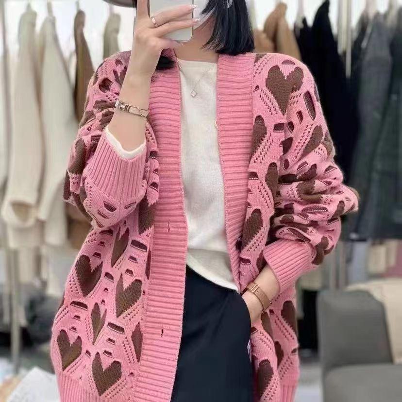 Spring and Autumn Plus Size Knitted Cardigan Sweater Casual Heart V-Neck Sweater Cardigan Jacket Thickened Knit Jacket