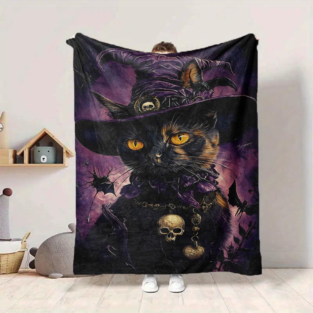 1pc Witchcraft Halloween Cat Blanket, Lightweight Flannel Throw Blanket for Sofa, Bed, Travel, Camping, Living Room, Office, Couch, Chair, and Bed