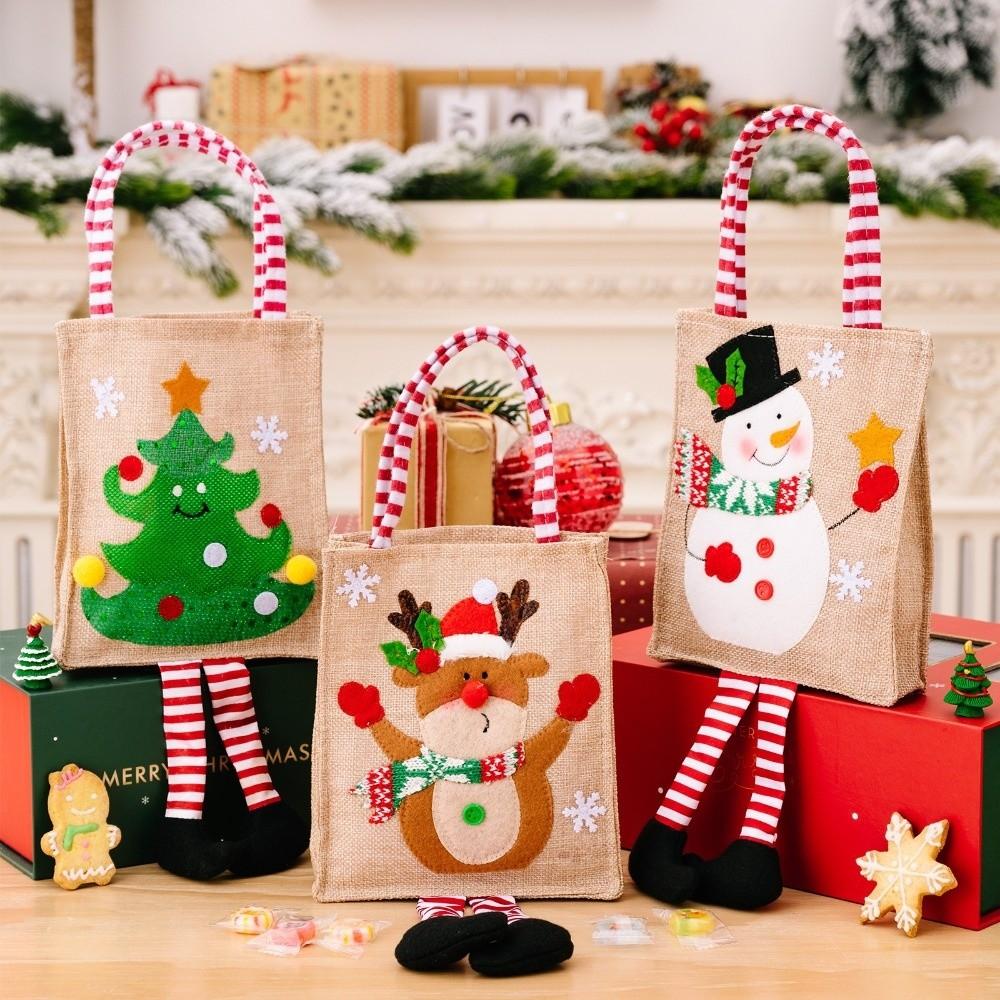 Cartoon Christmas Gift Bag Linen Reusable Xmas Gift Wrapper Santa Claus Snowman Christmas Decoration Long-legged Handbag