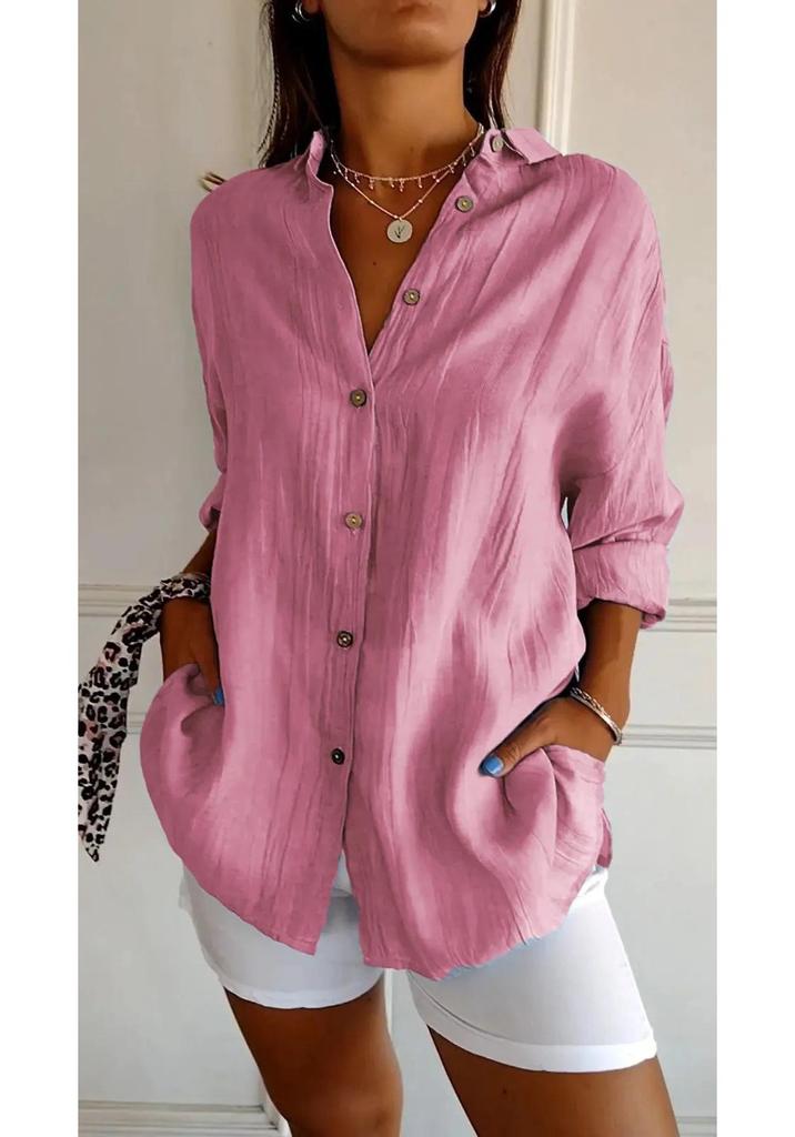2024 Women's Solid Color Pleated Lapel Shirt - European & American Style, Single-Breasted Roll-Up Sleeve Top