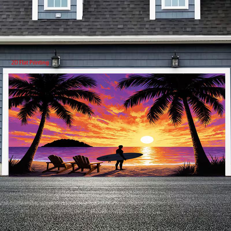 2D Coastal Wall Tapestry, Vibrant Beach Sunset with Palm Trees