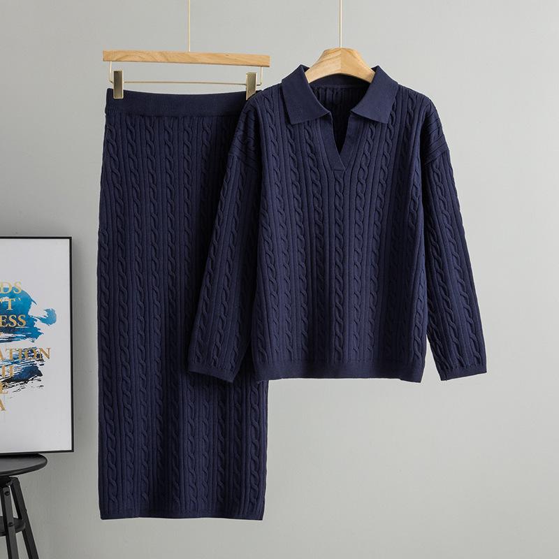 Women's Cable Knit POLO Collar Sweater & Skirt Set - Autumn/Winter 2025 Age-Reducing Style