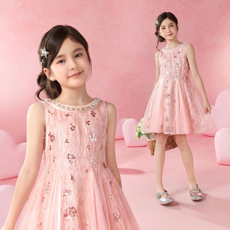 Little Tiger Patty Girls Halter Neck Sequin Mesh Sleeveless Dress 140cm светло-розовый