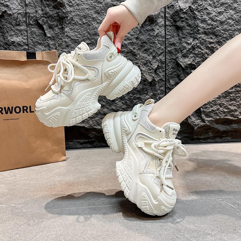 Fashion Chunky Sneakers 2025 Summer Autumn New Style Thick Soled Height Increasing Casual Fashion Sports Shoes Lace Up Black Beige