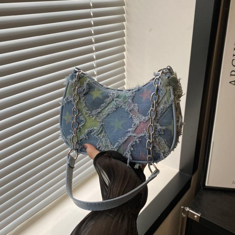 Trendy Star Print Hobo Bag with Frayed Trim Silver Chain Underarm Bag Leather Strap Casual Shoulder Purse Y2K Style Handbag