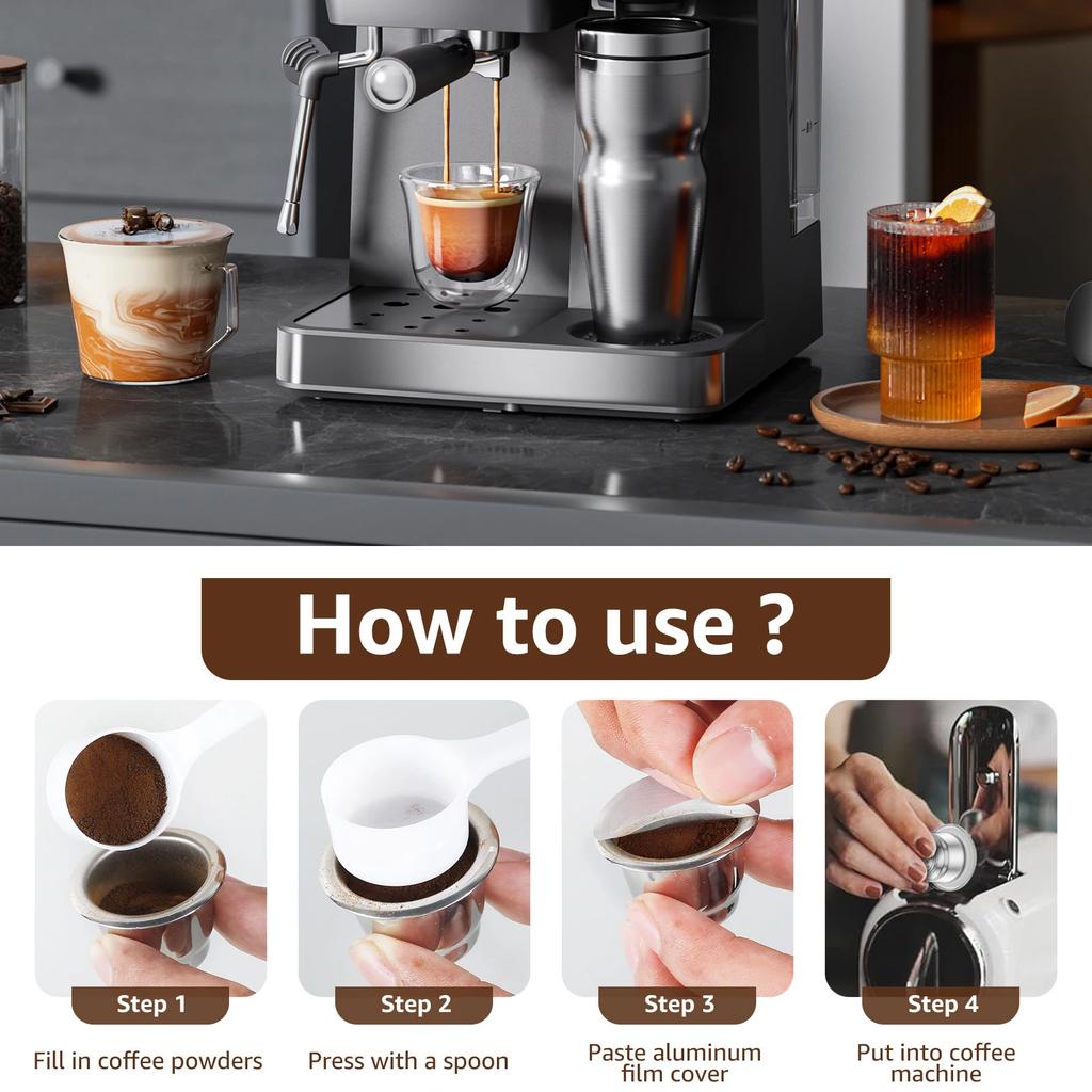6Pcs Nespresso Coffee Capsulas Stainless Steel Reusable Nespress Coffee Capsule Refillable Coffee Filters Cup with 100 Foil Lids