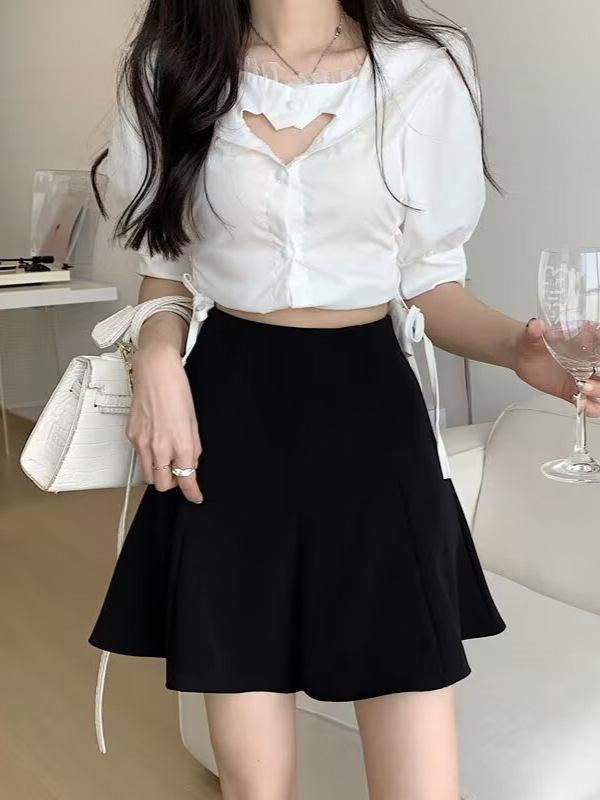 2026 Summer High Waist Black A-line Skirt with Ruffles - Slimming Academy Style for Petite Women
