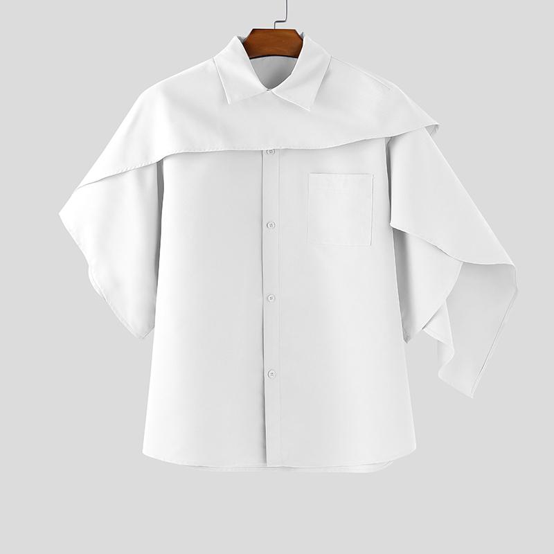 INCERUN Men Lapel Collar Short Sleeve Irregular Layers Patchwork Casual Cape Shirts