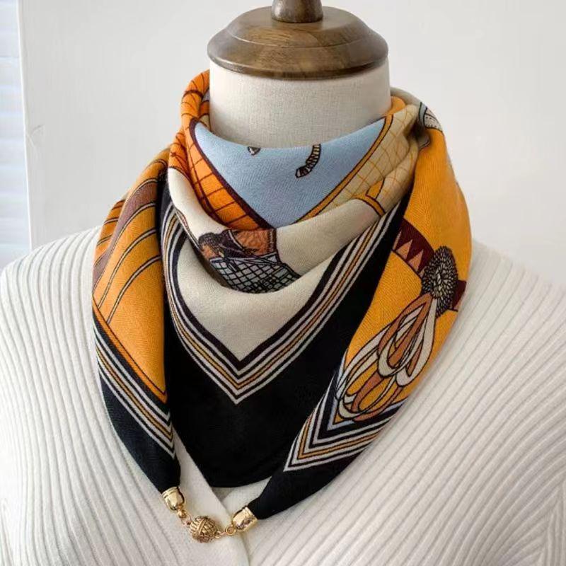 Women's 65" Silk Square Scarf with Magnetic Buckle – Autumn/Winter Print, Fashionable & Versatile Triangle Snood