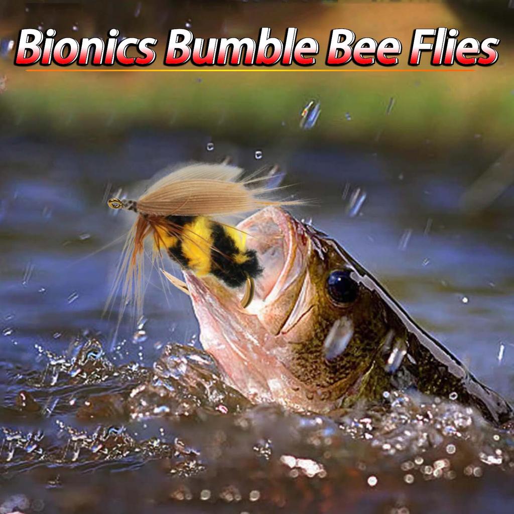 18 Stück 2 gemischte Stile Insektenköder für Forellen Fliegenfischen Trockenfliegen Gelber Mottenköder & Hummelköder mit Fliegenbox