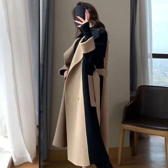 Women Winter Overcoat Turn-down Collar Pockets Contrast Color Double-breasted with Belt Loose Fit Coat Thermal Long Sleeved Commuting Dating