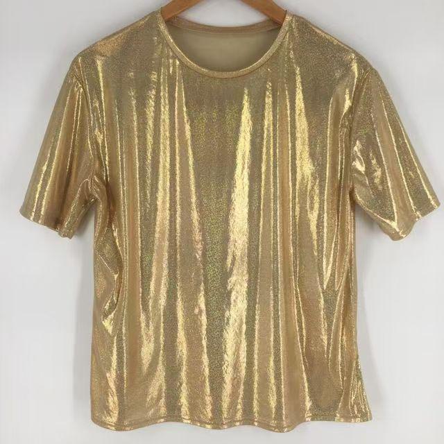 Top Corto Scintillante Stile Coreano - T-shirt da Performance Trendy Luminosa a Maniche Corte Larghe da Donna