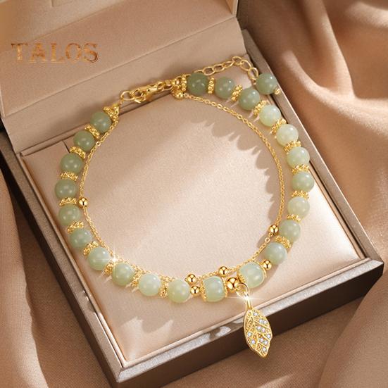 Women Bracelet Faux Jade Smooth Bead Leaf Pendant Double-layered Adjustable Length Rhinestone Lady Bangle Prom Daily Wrist Jewelry